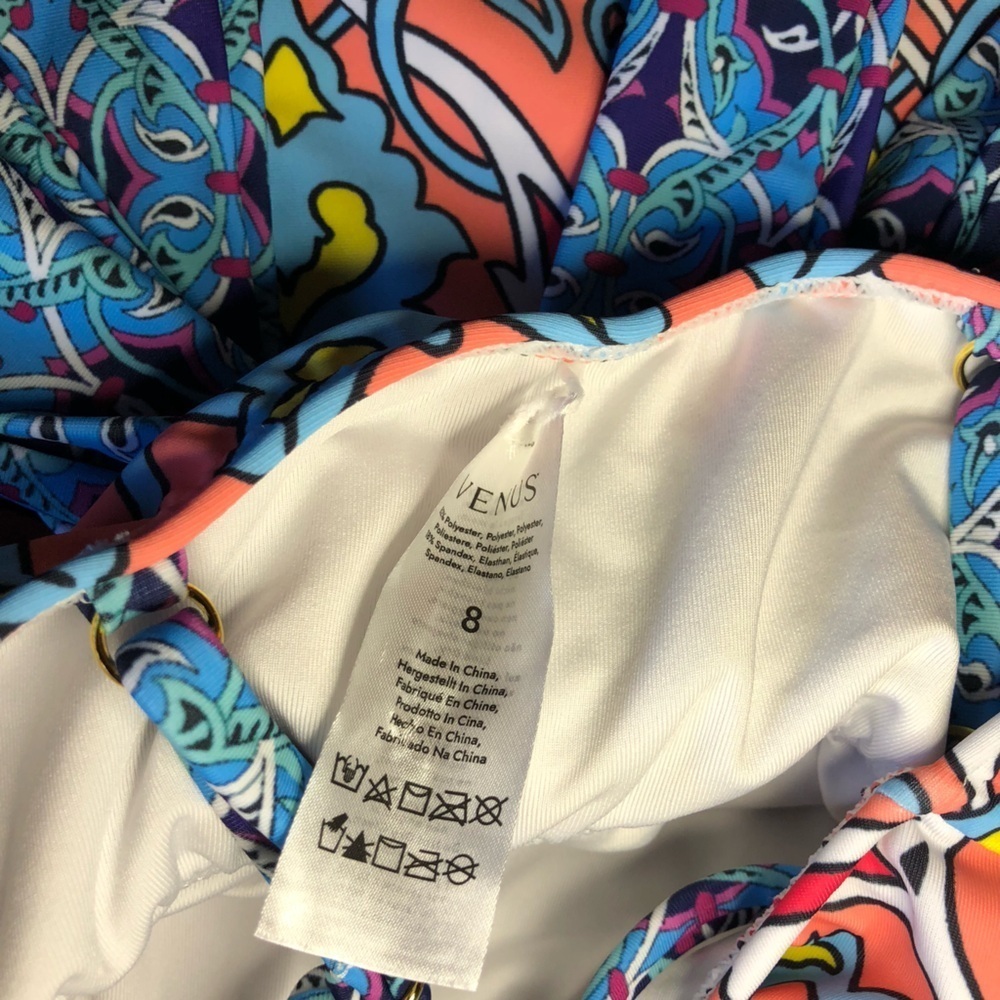 VENUS Blue and Pink One Piece Swimsuit with Decorative Waist Tie NWOT - Picture 5 of 14
